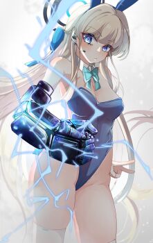 1girl absurdres animal_ears bare_shoulders blonde_hair blue_archive blue_bow blue_bowtie blue_eyes blue_streaks bow bowtie commentary_request detached_collar earpiece halo highres long_hair looking_at_viewer mechanical_arms paid_reward_available playboy_bunny rabbit_ears shinozaki_ui single_mechanical_arm solo thighhighs toki_(blue_archive) toki_(bunny)_(blue_archive) v white_thighhighs
