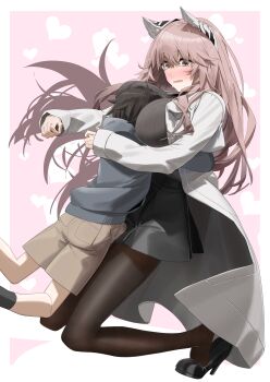 1boy 1girl absurdres animal_ears asimo_(hakurei10201) between_breasts black_pantyhose black_shoes black_skirt black_sweater blush breasts brown_eyes brown_shorts cat_ears coat commentary_request commission full_body girls&#039;_frontline girls&#039;_frontline_neural_cloud grey_hoodie head_between_breasts high_heels highres hood hoodie hug lab_coat long_hair looking_at_another miniskirt open_clothes open_coat open_mouth pantyhose persicaria_(neural_cloud) pink_background pink_hair shoes shorts simple_background skeb_commission skirt sweatdrop sweater two-tone_background white_background white_coat