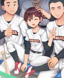 Rule 34 | 1girl, 3boys, abubu, arm between legs, baseball bat, baseball uniform, belt, belt buckle, brown eyes, brown hair, buckle, full body, hair ornament, hairclip, hand on another&#039;s head, hand on another&#039;s knee, highres, layered sleeves, looking at viewer, multiple boys, one eye closed, open mouth, original, pants, short hair, smile, solo focus, sportswear, spread legs, thighs, thumbs up, tomboy, v, white pants