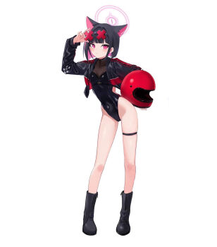 Rule 34 | 1girl, animal ears, black hair, black jacket, black leotard, blue archive, cat ears, checkered clothes, checkered jacket, covered navel, halo, helmet, highres, jacket, kazusa (blue archive), leotard, medium hair, multicolored hair, multicolored jacket, pink hair, pink halo, ranyu, red helmet, red jacket, revision, solo, thigh strap, thighs, two-tone hair, white jacket