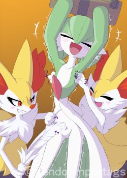 +++ 3girls ^_^ animal_ear_fluff animal_ears animal_nose arms_up artist_name belly_tickling black_fur blush bob_cut body_fur braixen closed_eyes collarbone colored_skin fang feathers female_focus flat_chest fox_ears fox_girl fox_tail furry furry_female gardevoir gen_3_pokemon gen_6_pokemon gendoempertags gradient_background green_hair green_skin grin hair_between_eyes happy holding holding_feather japanese_text multicolored_skin multiple_girls nintendo open_mouth orange_background pokemon pokemon_(creature) red_eyes short_hair sideways_mouth simple_background smile snout standing stocks stomach_tickling tail tears teeth tickling tickling_belly tickling_stomach tickling_tummy translation_request trembling tummy_tickling twitter_username two-tone_skin watermark white_fur white_skin yellow_fur