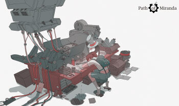 1girl backpack bag bird bottle box brown_hair cable can cardboard_box cup desk drink dripping electrical_outlet face_down female_focus from_behind full_body geta hair_bobbles hair_ornament hat head_down highres machinery original penguin pliers plug ponytail shirt short_ponytail short_sleeves shorts simple_background sitting sleeping snatti socks solo spill stool stuffed_animal stuffed_toy suspenders t-shirt table tea teddy_bear tiptoes toolbox top_hat water white_background wrench