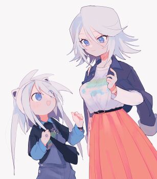 1boy 1girl absurdres alternate_costume animal_ears belt black_belt black_jacket black_shirt blue_eyes blue_overalls blue_shirt brother_and_sister cat_ears closed_mouth collared_shirt contemporary crossbody_bag denim denim_overalls fake_animal_ears fanny_pack genius_sage hand_jewel highres jacket jacket_on_shoulders layered_sleeves long_sleeves looking_at_another nancykittyu open_mouth orange_skirt overalls print_shirt raine_sage shirt short_hair siblings simple_background skirt smile spiked_hair tales_of_(series) tales_of_symphonia white_background white_hair white_shirt