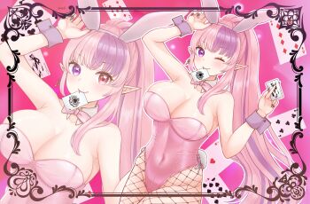 Rule 34 | 1girl, absurdres, ace (playing card), ace of hearts, animal ear hairband, animal ears, black nails, blush, bow, bowtie, breasts, card, card in mouth, cleavage, commentary, covered navel, detached collar, earrings, eight of diamonds (playing card), english commentary, eyelashes, fake animal ears, fake tail, fingernails, fishnet pantyhose, fishnets, five of clubs, hairband, heart, heart in eye, heterochromia, highres, holding, holding card, ironmouse, jewelry, joker (playing card), large breasts, leotard, long hair, mouth hold, nail polish, nine of diamonds, one eye closed, outline, pantyhose, pink background, pink bow, pink bowtie, pink hair, pink leotard, playing card, pointy ears, ponytail, purple eyes, purple hair, purple hairband, rabbit ear hairband, rabbit ears, rabbit tail, red eyes, sharp fingernails, single earring, solo, strapless, strapless leotard, suzuri ishi, symbol in eye, tail, ten of spades, virtual youtuber, vshojo, white outline, wrist cuffs, zoom layer