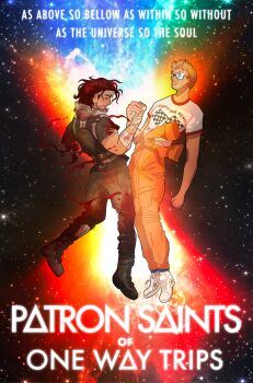 Rule 34 | 2boys, absurdres, bandaged arm, bandages, beard stubble, black hair, blonde hair, blood, blood on clothes, blue eyes, clothes around waist, commentary, crossover, facial hair, floating blood, full body, glasses, headband, highres, holding hands, iron lung (movie), jacket, jacket around waist, karlorkoi, male focus, multiple boys, project hail mary, ryland grace, scarf, short hair, simon (iron lung), space, stubble, trait connection, tunic