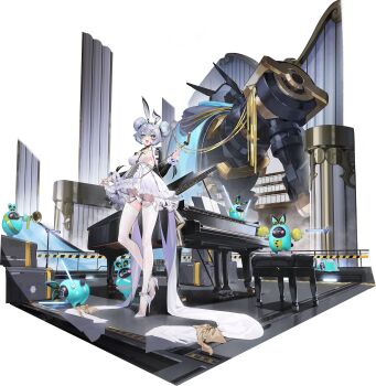1girl animal_ears artist_request blue_eyes blue_hair bow bowtie breasts character_request daiblos_core double_bun dress grey_hair hair_bun high_heels highres holding holding_instrument holding_trumpet instrument multicolored_hair official_art open_mouth piano rabbit_ears shoes short_hair smile streaked_hair thighhighs transparent_background trumpet white_dress white_shoes white_thighhighs yellow_bow yellow_bowtie