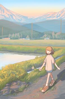 1girl :d absurdres ariake_(shiroan_koshian) blue_shorts brown_hair closed_eyes commentary converse english_commentary flower grass highres holding holding_flower morning mountain open_mouth original outdoors path power_lines road rock rural scenery shadow shirt shoes short_shorts short_sleeves shorts smile socks solo t-shirt walking water