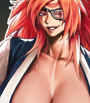 Rule 34 | 1girl, baiken, big hair, breasts, commentary, eyepatch, facial tattoo, guilty gear, japanese clothes, kimono, large breasts, one-eyed, open clothes, open kimono, red eyes, red hair, scar, scar on face, smile, solo, tattoo, virgoart