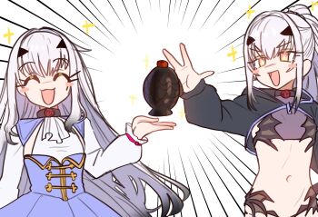 2girls absurdres bad_link bikini black_bikini black_jacket blue_dress breasts closed_eyes cropped_jacket dress dual_persona ebora facing_viewer fate/grand_order fate_(series) fish_bottle forked_eyebrows high_ponytail highres jacket long_hair long_sleeves melusine_(fate) melusine_(second_ascension)_(fate) melusine_(swimsuit_ruler)_(fate) melusine_(swimsuit_ruler)_(first_ascension)_(fate) multiple_girls navel open_mouth ponytail shrug_(clothing) sidelocks small_breasts smile sparkle swimsuit white_hair yellow_eyes