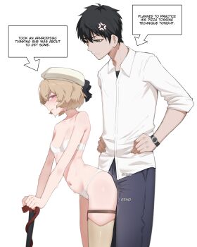 Rule 34 | 1boy, 1girl, absurdres, amputee, anger vein, bare shoulders, beret, black hair, black undershirt, blonde hair, blush, bow, breasts, brown eyes, brown hair, cane, collarbone, commentary, cowboy shot, english commentary, english text, hands on own hips, hat, hetero, highres, iwanaga kotoko, kyokou suiri, looking at viewer, luxu, navel, panties, pants, prosthesis, prosthetic leg, pussyjob, ribbon, sakuragawa kurou, shirt, short hair, simple background, small breasts, speech bubble, standing, sweat, thigh strap, thighs, underwear, watch, white background, white panties, white shirt, wristwatch