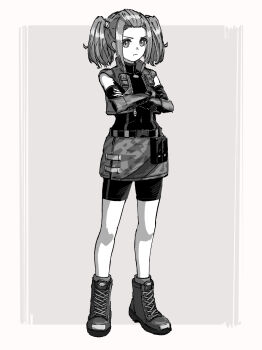 1girl bodysuit bodysuit_under_clothes boots border camouflage camouflage_shorts camouflage_vest chin_bell closed_mouth commentary_request crossed_arms full_body grey_background greyscale highres lace-up_boots looking_at_viewer monochrome open_clothes open_vest outside_border shania_(xenoblade) shorts solo twintails vest white_border xenoblade_chronicles_(series) xenoblade_chronicles_3 zipper