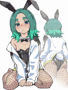 1boy animal_ears aqua_hair between_legs black_bow black_bowtie black_leotard blue_eyes blush bow bowtie closed_mouth commentary_request crossdressing crossdressing_(mtf) detached_collar fake_animal_ears fake_tail fishnet_pantyhose fishnets hand_between_legs inazuma_eleven_(series) inazuma_eleven_victory_road jacket leotard long_sleeves male_focus male_playboy_bunny medium_hair multiple_views pantyhose partially_unzipped rabbit_ears rabbit_tail sasanami_unmei single_off_shoulder sitting strapless strapless_leotard sweat tail track_jacket white_background white_jacket yoruhachi