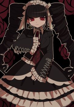1girl black_dress black_hair black_nails celestia_ludenberg closed_mouth danganronpa:_trigger_happy_havoc danganronpa_(series) dress drill_hair frilled_dress frills highres long_hair long_sleeves looking_at_viewer mi_shengwu_3.2_hao necktie red_eyes red_necktie sleeves_past_wrists smile solo twin_drills very_long_hair white_headdress