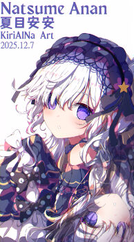 Rule 34 | 1girl, absurdres, artist name, blue hairband, character name, commentary request, dated, from side, gothic lolita, hairband, highres, kiriaina, lolita fashion, lolita hairband, long hair, long sleeves, looking at viewer, looking back, mahou shoujo no majo saiban, natsume an-an, purple eyes, sleeves past fingers, sleeves past wrists, solo, star (symbol), upper body, white background, white hair