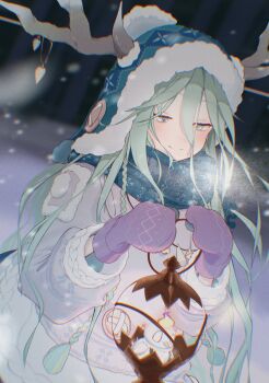 Rule 34 | 1girl, absurdres, antlers, aqua eyes, aqua hair, bird, coat, commentary request, fate/grand order, fate (series), highres, horns, horns through headwear, lantern, long hair, louhi (fate), louhi (second ascension) (fate), mittens, purple mittens, smile, snow, visible air, winter clothes, winter coat, woollen cap, yuzuodeko