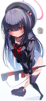 1girl black_hat black_saint black_shirt black_skirt black_thighhighs blue_archive blue_leotard blunt_bangs blush closed_mouth covered_navel eyes_visible_through_hair gun hair_over_eyes hat highres holding holding_gun holding_weapon justice_task_force_member_(blue_archive) leotard loli looking_at_viewer no_shoes red_eyes red_ribbon ribbon rifle shirt sho_me_1853 sidelocks single_thighhigh skirt solo sweatdrop tears thighhighs unworn_skirt weapon