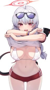 1girl ahoge bikini bikini_top_only bikini_under_clothes black-framed_eyewear blue-tinted_eyewear blue_archive blush breasts breasts_apart buruma clothes_lift commentary cowboy_shot crossed_arms ddangbi demon_tail demon_wings eyewear_on_head gym_shirt gym_uniform halo haruna_(blue_archive) haruna_(track)_(blue_archive) large_breasts lifting_own_clothes long_hair looking_at_viewer navel official_alternate_costume red_buruma red_eyes shirt shirt_lift short_shorts shorts simple_background single_wing smile solo stomach swimsuit tail thighhighs thighs tinted_eyewear undressing white_background white_bikini white_shirt wings