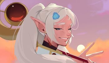 1girl blue_eyes earrings elf frieren highres holding holding_staff jewelry long_hair looking_at_viewer pointy_ears portrait retrotheartist smile solo sousou_no_frieren staff twintails white_hair