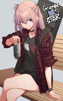 1girl absurdres adachi_t_(xadachit) black_choker black_shirt blue_eyes bracelet can choker collared_shirt commentary crossed_legs dated_commentary girls&#039;_frontline grunge_(fashion) hair_ornament highres holding holding_can jewelry long_hair looking_at_viewer monster_energy multicolored_hair on_bench one_side_up open_clothes open_shirt pink_hair shirt sitting smile solo st_ar-15_(girls&#039;_frontline) streaked_hair unbuttoned unbuttoned_shirt v-neck weapon_case