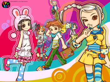 2000s_(style) 2006 3boys 3girls abstract_background animal_ear_headwear animal_ears animal_hat animal_print anime_coloring aqua_eyes arm_at_side arms_behind_back aro_(stylia) artist_request aru_(stylia) bandaid bandaid_on_clothes bare_arms bead_belt beads beanie belt belt_pouch black_bra black_eyes black_hair black_hat black_pants black_shoes blue_necktie blue_scarf blue_shirt blue_shoes blue_skirt blue_thighhighs blue_vest blunt_bangs blunt_ends bone_print bra bracelet braid briefcase brown_eyes brown_hair buttons chain chiro_(stylia) chiru_(stylia) clothes_pin cloud_print coat collared_shirt collared_vest commentary company_name converse copyright_notice cropped_jacket cross-laced_shoes dated denim denim_skirt dot_nose dress_pants dress_shoes earrings eyelashes fake_animal_ears finger_to_mouth fingerless_gloves floral_print_shirt forehead frutiger_metro gloves green_pants green_socks grey_hair grey_leggings grid_print hair_ornament hair_tie hairclip half-closed_eye hand_in_pocket hat heart high_collar holding holding_briefcase holding_jacket holding_unworn_clothes holding_unworn_hat hoop_earrings jacket jacket_over_shoulder jewelry korean_commentary lace lace-trimmed_shirt lace_trim lapels leggings leggings_under_skirt leopard_print loose_belt mary_janes medium_hair miniskirt miro_(stylia) miru_(stylia) multicolored_shoes multicolored_thighhighs multiple_boys multiple_girls necklace necktie notched_lapels official_art official_wallpaper orange_hair padded_vest pants parted_lips pink_hat pink_ribbon pink_shorts pocket pom_pom_(clothes) pom_pom_hat_ornament pouch print_leggings print_pants print_shirt puffy_shorts punk purple_gloves rabbit_ears rabbit_hat red_belt retro_artstyle ribbon ribbon-trimmed_shirt ribbon_trim scarf shirt shirt_under_shirt shoes short_hair short_sleeves shorts shushing side_braid sidelocks single_braid single_glove skirt skull_and_crossbones skull_print sleeve_cuffs sneakers socks solid_circle_eyes solid_circle_pupils spade_(shape) star_(symbol) star_print streetwear striped_clothes striped_shirt striped_thighhighs stylia tassel the_tv_heroes thick_lineart thighhighs third-party_source three-quarter_sleeves top_hat torn_clothes torn_skirt two-tone_shoes underwear unworn_hat unworn_headwear unworn_jacket vest walking white_coat white_hair white_pants wristband y2k_fashion yellow_jacket yellow_shirt yellow_shoes yellow_shorts yellow_sleeves yellow_thighhighs zipper