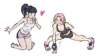 animated animated_gif black_hair closed_eyes exercising haruno_sakura heart hyuuga_hinata lowres naruto_(series) ponytail push-ups shoes short_hair shorts simple_background sneakers struggling sweat tank_top vashperado yuri