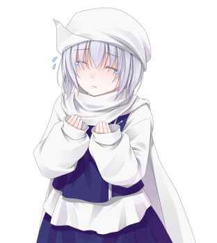 1girl :< cape closed_eyes closed_mouth commentary_request cropped_vest crote flying_sweatdrops hair_between_eyes hands_up hat lapel_pin letty_whiterock long_sleeves purple_hair purple_skirt purple_vest shirt short_hair skirt sleeves_past_wrists smile solo tachi-e tearing_up teeth touhou transparent_background upper_body upper_teeth_only vest white_cape white_hat white_shirt