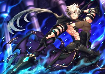 1boy arm_armor armor armpit_peek asymmetrical_armor backless_shirt belt black_armor black_belt black_gloves blue_eyes bracer braid braided_ponytail chase_(king&#039;s_raid) closed_mouth crescentia_fortuna dynamic_pose facial_mark fighting_stance gauntlets gloves grey_background grey_hair holding holding_polearm holding_weapon king&#039;s_raid knight large_pectorals leg_armor light_particles long_braid long_hair male_focus muscular muscular_male pectorals polearm purple_eyes see-through_clothes shoulder_armor sideless_outfit silk single_braid solo standing weapon