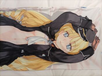 1girl absurdres bed black_coat blonde_hair blue_eyes blush bottomless breasts censored coat come_hither dai_(series) daiteikoku highres large_breasts navel non-web_source open_clothes retia_adolf union_jack