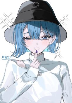 1girl black_hat blue_eyes blue_hair bucket_hat clothing_cutout colored_inner_hair commentary hat highres hololive hoshimachi_suisei long_sleeves looking_at_viewer multicolored_hair nail_polish onigirimeshitya purple_nails shoulder_cutout smile solo squinting star_(symbol) star_in_eye sweater symbol-only_commentary symbol_in_eye translation_request turtleneck turtleneck_sweater upper_body virtual_youtuber white_background white_sweater
