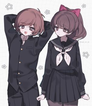 1boy 1girl alternate_costume artist_name black_jacket black_pants black_pantyhose black_sailor_collar black_serafuku black_shirt black_skirt bow brown_eyes brown_hair fumiaki_(youkai_watch) gakuran grandfather_and_granddaughter hair_bow highres jacket kabi_10_18 kodama_fumika long_hair looking_at_another neckerchief open_mouth pants pantyhose pink_bow pleated_skirt ponytail sailor_collar school_uniform serafuku shirt short_hair simple_background skirt white_background white_neckerchief youkai_watch youkai_watch_2