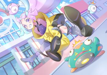 1girl ^^^ bellibolt boots bow-shaped_hair building cloud commentary_request day denden_(4jlex92hoe91831) floating_hair grey_boots grey_shirt grin iono_(pokemon) jacket jumping long_hair long_sleeves multicolored_hair nintendo outdoors pokemon pokemon_(creature) pokemon_scarlet_and_violet purple_eyes sharp_teeth shirt single_leg_pantyhose sky sleeveless sleeveless_shirt sleeves_past_fingers sleeves_past_wrists smile spread_legs teeth thigh_strap two-tone_hair window yellow_jacket