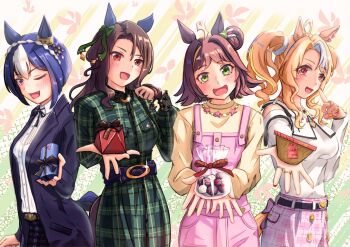 Rule 34 | 4girls, absurdres, ahoge, animal ears, bag, blonde hair, blue hair, blue jacket, blush, bow, box, braid, breasts, brown hair, buckle, casual, cesario (casual) (umamusume), cesario (umamusume), chocolate, collared shirt, commentary request, crown braid, dress, ear covers, ear ribbon, fusaichi pandora (casual) (umamusume), fusaichi pandora (umamusume), gift, gift box, green bow, green dress, green eyes, hair between eyes, hair bun, hair ornament, heart, heart-shaped buckle, highres, holding, holding bag, holding box, horse ears, horse girl, horse tail, jacket, jewelry, kanaga, king halo (casual) (umamusume), king halo (umamusume), long hair, long sleeves, looking at viewer, medium breasts, medium hair, multicolored hair, multiple girls, neck ribbon, necklace, one eye closed, open clothes, open jacket, open mouth, overalls, pants, pink overalls, pink skirt, purple eyes, red eyes, rhein kraft (casual) (umamusume), rhein kraft (umamusume), ribbon, shirt, skirt, smile, striped clothes, striped dress, tail, team ascella, twintails, umamusume, vertical-striped clothes, vertical-striped dress, white shirt, yellow shirt