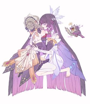 2girls anger_vein animalization bare_shoulders barefoot bird black_bow black_dress black_hair bow braid brown_hair bun_with_braided_base cat closed_eyes colored_inner_hair columbina_(genshin_impact) commentary detached_sleeves dress eye_mask frilled_dress frilled_sleeves frills full_body genshin_impact hair_bow hair_ornament hashtag-only_commentary headdress highres hug liuyun_(liuyun73492) long_hair mask multicolored_hair multiple_girls musical_note person_and_animalization pink_hair sandrone_(genshin_impact) simple_background two-tone_hair very_long_hair white_background white_bow white_dress white_headdress wing_hair_ornament yuri