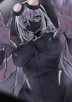 1girl absurdres black_bodysuit bodysuit breasts commentary_request gloves goggles goggles_on_head grey_eyes grey_hair hair_between_eyes highres impossible_bodysuit impossible_clothes jacket long_hair looking_at_viewer mask medium_breasts mole mole_under_eye mouth_mask open_clothes open_jacket original solo white_gloves yoineya