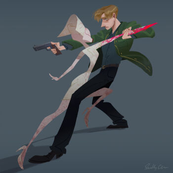 Rule 34 | 1boy, 1girl, artist name, belt, black pants, black shoes, blonde hair, blue eyes, blue shirt, breasts, brown belt, bubble head nurse, collared shirt, dress, facial hair, fighting, full body, green jacket, grey background, gun, handgun, hat, highres, holding, holding another's wrist, holding gun, holding knife, holding weapon, jacket, james sunderland, knife, looking at another, medium breasts, monster girl, nurse, nurse cap, pants, parted bangs, shelly chen, shirt, shoes, short hair, signature, silent hill (series), silent hill 2, stubble, weapon, white dress, white shoes