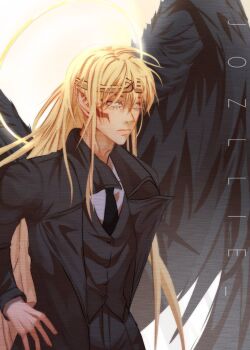 1boy backlighting black_coat black_necktie black_vest black_wings blonde_hair blue_eyes borrowed_clothes coat collared_shirt expressionless facial_mark feathered_wings glowing halo halo_behind_head headband highres jozllie kim_dokja long_hair looking_at_viewer male_focus necktie omniscient_reader&#039;s_viewpoint pointy_ears shirt solo sun_wukong_(omniscient_reader&#039;s_viewpoint) very_long_hair vest white_shirt wings