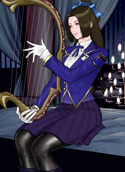 1girl bow brown_eyes brown_hair cai_wenji hair_bow harp highres instrument koukou_panchi long_hair pantyhose shin_sangoku_musou sitting