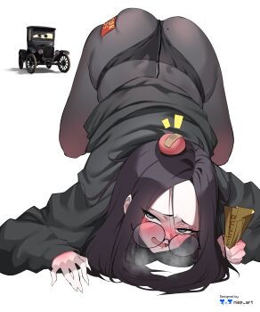 1girl absurdres animification artist_name ass bandaid bandaid_on_head black-framed_eyewear black_hair black_jacket black_panties black_pantyhose blush cars_(movie) commentary drooling english_commentary english_text furrowed_brow grey_eyes half-closed_eyes head_bump heavy_breathing highres holding holding_paper jacket lizzie_(cars) long_hair long_sleeves looking_at_viewer mouth_drool nisp_art nose_blush on_floor panties panties_under_pantyhose pantyhose paper parted_bangs round_eyewear simple_background sleeves_past_fingers sleeves_past_wrists solo top-down_bottom-up underwear white_background