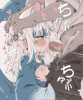 1boy 1girl animal_ear_fluff animal_ears blue_eyes blue_hair blue_jacket blush breasts breasts_out censored crying cum cum_in_mouth eyebrows eyebrows_hidden_by_hair fellatio fins fish_tail from_side gawr_gura gawr_gura_(1st_costume) hair_ornament half-closed_eyes hand_on_another&#039;s_head hands_on_another&#039;s_head heart heart-shaped_pupils hetero hololive hololive_english irrumatio jacket loli long_hair mosaic_censoring motion_lines multicolored_hair nipples oral penis profile shark_tail shiroi_yoru simple_background small_breasts solo_focus symbol-shaped_pupils tail tears trembling two-tone_hair upper_body virtual_youtuber white_hair