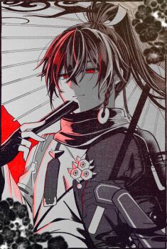 1boy armor hair_between_eyes hand_fan holding holding_umbrella japanese_armor japanese_clothes komugiko_(komugiu08) long_hair looking_at_viewer male_focus ponytail rune_factory rune_factory:_guardians_of_azuma smile subaru_(rune_factory) umbrella