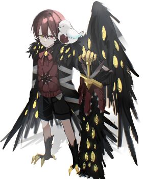 Rule 34 | 1other, 779 nnk, animal, animal on shoulder, bird, bird on shoulder, black shorts, black wings, brown hair, double-parted bangs, e.g.o (project moon), employee (project moon), hair between eyes, heterochromia, highres, lobotomy corporation, looking at viewer, nugget (project moon), other focus, project moon, punishing bird, red eyes, red shirt, shirt, shorts, simple background, single wing, standing, sword, talons, twilight (e.g.o), weapon, white background, wings, yellow eyes