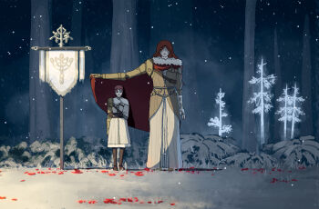 2girls amputee cape closed_mouth elden_ring fromsoftware hair_between_eyes height_difference highres holding_own_arm malenia_blade_of_miquella millicent_(elden_ring) mother_and_daughter multiple_girls omnileaden prosthesis prosthetic_arm red_hair snow tree winter