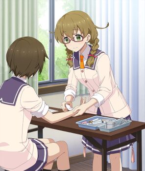 2girls arm_on_table black_socks blazer blue_skirt bow braid breasts brown-framed_eyewear brown_hair buttons closed_mouth cork curtains day feet_out_of_frame first_aid_kit game_cg glasses green_eyes hair_bow hamazuka_sakura indoors jacket looking_at_another low_twin_braids medium_breasts medium_hair multiple_girls necktie official_art paper rectangular_eyewear red_bow scalpel semi-rimless_eyewear shirt short_hair sitting skirt sleeves_rolled_up smile socks syringe table test_tube third-party_source toji_no_miko toji_no_miko:_kizamishi_issen_no_tomoshibi tweezers twin_braids under-rim_eyewear white_jacket white_shirt window wooden_floor yellow_necktie