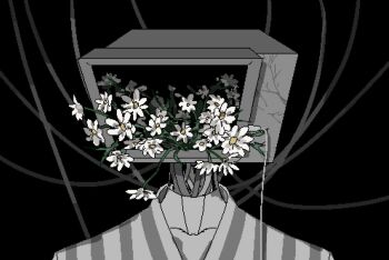 Rule 34 | 1other, cable, daisy (flower), facing viewer, flower, growing out of body, object head, original, portrait, revol4357, shirt, solo, striped clothes, striped shirt, television, wire