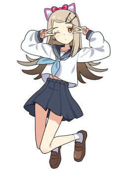 Rule 34 | 1girl, animal ear hairband, animal ears, black sailor collar, black skirt, blonde hair, blue neckerchief, blush, brown shoes, cat ear hairband, cat ears, closed mouth, collarbone, colored eyelashes, commentary request, double v, earrings, fake animal ears, flipped hair, full body, fumi tsu ki, gakuen idolmaster, gradient hair, grey hair, hair ornament, hairband, hairclip, hands up, hatsuboshi gakuen school uniform, idolmaster, jewelry, jumping, loafers, long hair, long sleeves, looking at viewer, midair, midriff peek, multicolored hair, neckerchief, one eye closed, orange eyes, parallel hairclips, pleated skirt, sailor collar, school uniform, serafuku, shinosawa hiro, shirt, shoes, simple background, skirt, socks, stud earrings, swept bangs, v, v over eye, white background, white shirt, white socks