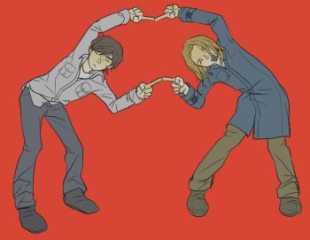 Rule 34 | 2boys, = =, ^ ^, black shoes, blonde hair, blue pants, brown hair, brown pants, brown shoes, closed eyes, commentary, facial hair, fusion dance, henry townshend, highres, long sleeves, male focus, multiple boys, open mouth, pants, red background, shirt, shoes, silent hill (series), silent hill 4: the room, smile, walter sullivan, white shirt, zhomgwei59756