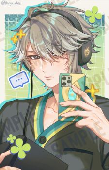 1boy alhaitham_(genshin_impact) aqua_eyes black_pajamas cellphone closed_mouth genshin_impact grey_hair hair_between_eyes hair_over_one_eye haryu_chee headphones holding holding_phone male_focus multicolored_hair pajamas phone short_hair smartphone solo streaked_hair