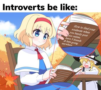 2girls alice_margatroid ascot autumn_leaves black_hat blonde_hair blue_dress blue_eyes blue_sky blush bnelsey book braid capelet closed_eyes closed_mouth cloud commentary dress english_commentary english_text hairband hat holding holding_book kirisame_marisa leaf long_sleeves multiple_girls open_mouth outdoors reading red_ascot red_hairband short_hair side_braid single_braid sitting sky smile touhou white_capelet witch_hat