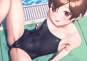 1girl :d arm_support blue_one-piece_swimsuit blush brown_eyes brown_hair cameltoe caustics competition_school_swimsuit covered_erect_nipples covered_navel drain_(object) dutch_angle fang from_above groin_tendon hair_between_eyes highres impossible_clothes impossible_swimsuit leaning_back loli looking_at_viewer looking_up lying marine_(sagano_yuuji) on_back one-piece_swimsuit open_mouth original parted_bangs pool poolside sagano_yuuji school_swimsuit shadow shiny_clothes shiny_skin short_hair sitting skin_fang skin_tight smile solo spread_legs swimsuit taut_clothes water wet