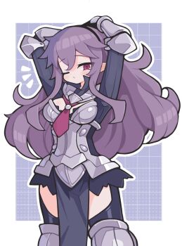 Rule 34 | 1girl, armor, arms up, black shirt, black thighhighs, blush, boots, border, closed mouth, commentary, cowboy shot, disgaea, grid background, heavy knight (disgaea), highres, long hair, long sleeves, looking at viewer, notice lines, one eye closed, outline, outside border, pelvic curtain, purple background, purple hair, red eyes, shirt, silver boots, solo, suaman, thigh boots, thighhighs, white border, white outline